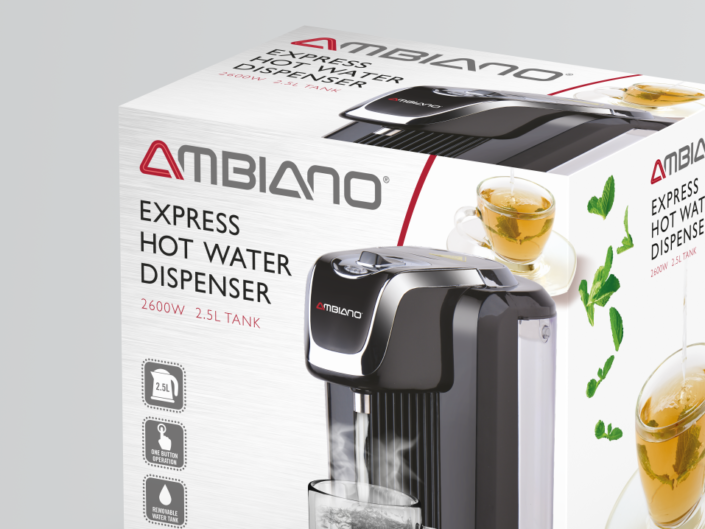 Aldi Ambiano hot water dispenser packaging design cropped